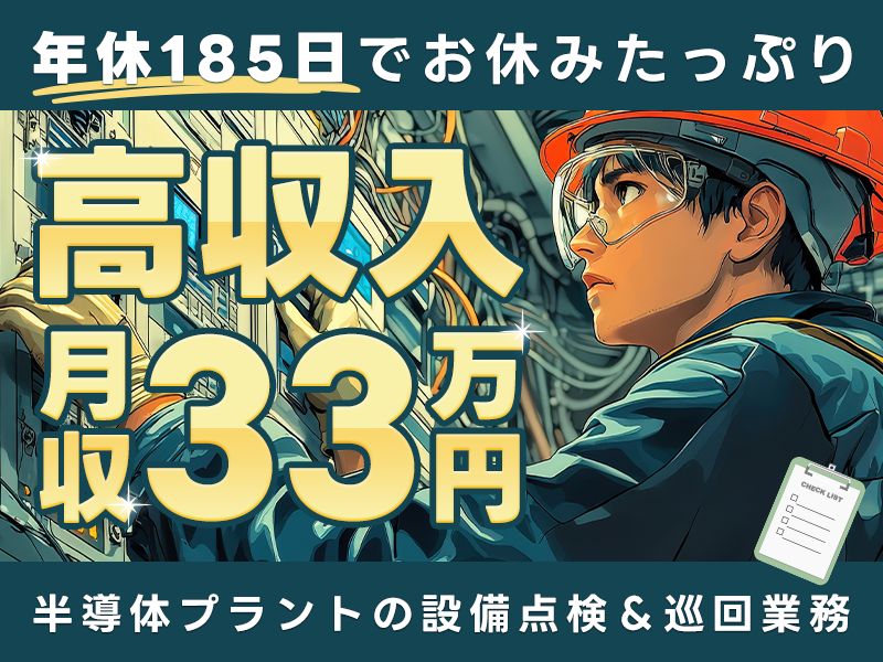 【高収入】月収33万円可♪年休185日でお休みたっぷり☆大手メーカーG！半導体プラントの設備点検＆巡回業務♪未経験OK！車通勤可！20代~50代男性活躍中！【社宅費補助あり】＜鹿児島県霧島市＞